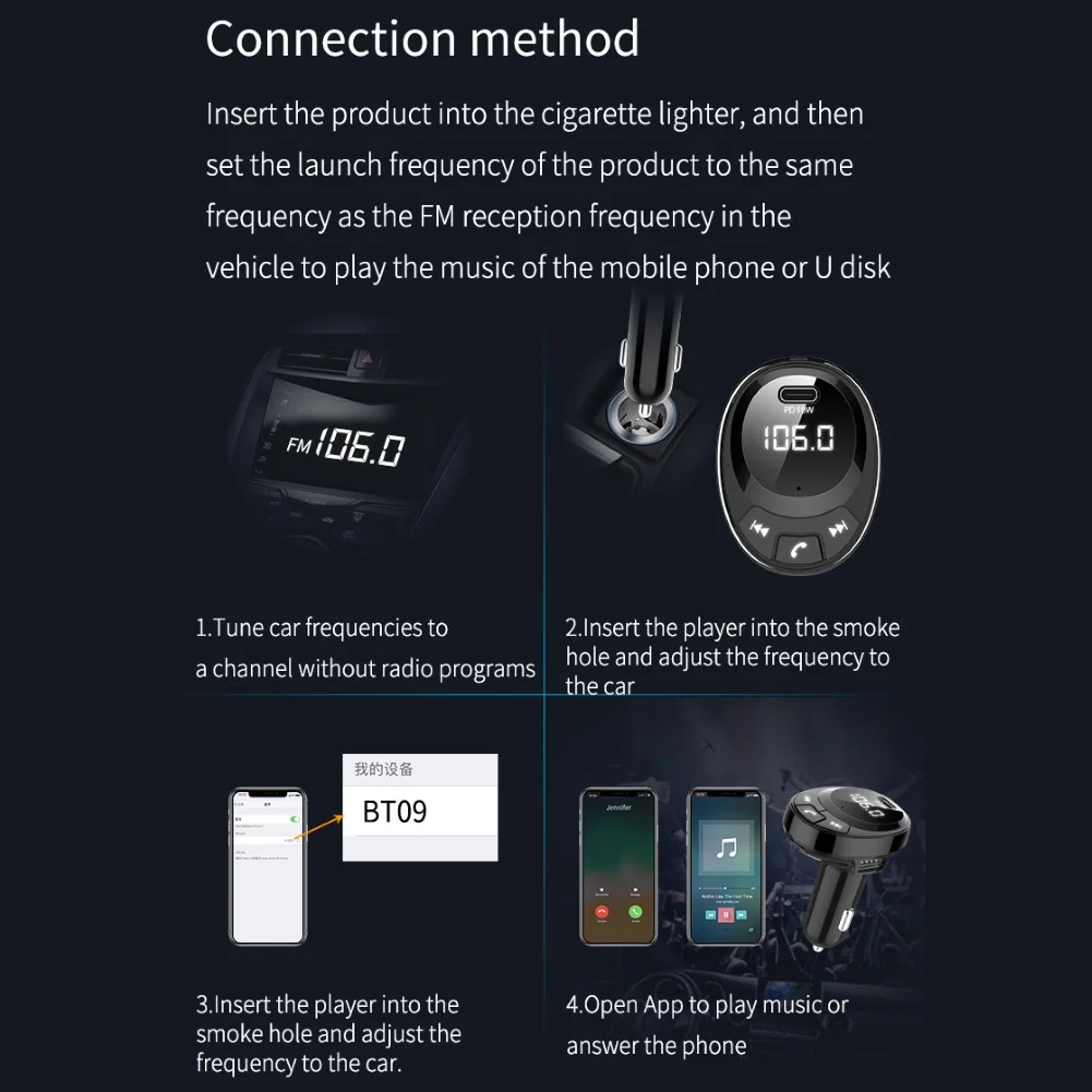 BT09 автомобильный fm-передатчик Bluetooth 5,0 MP3-плеер PD Быстрая зарядка 2 USB адаптер
