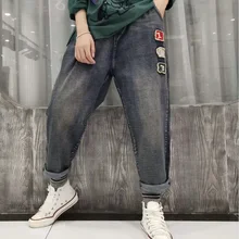 Свободные большие ярдов Джокер осенние стрейч джинсовые брюки патч вышитые женские брюки для отдыха длинные брюки для девочек женщин