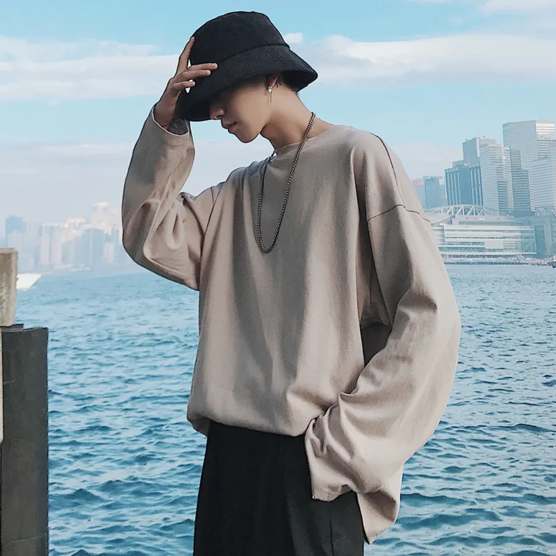 2019 Men's Summer New Casual Solid Color Long-sleeved Round Neck T Shirt Loose Temperament Trend Cotton Harajuku Tshirt 2019 Men's Summer New Casual Solid Color Long-sleeved Round Neck T Shirt Loose Temperament Trend Cotton Harajuku Tshirt