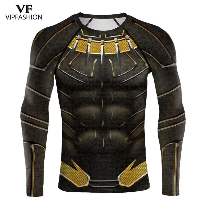 VIP FASHION Black Panther Costume Boy Adult Men 3D printed Superhero Raglan Sleeves Compression Shirts Tops For Male