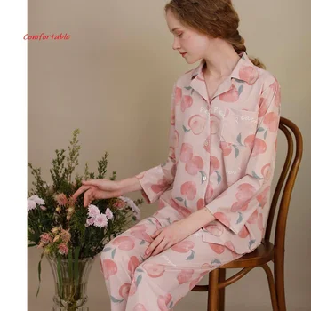 

Pijama Feminino Autumn Breathable Cotton Satin Big Peach Print Long-sleeved Trousers Pajamas Home Clothes Pink Pajama Set