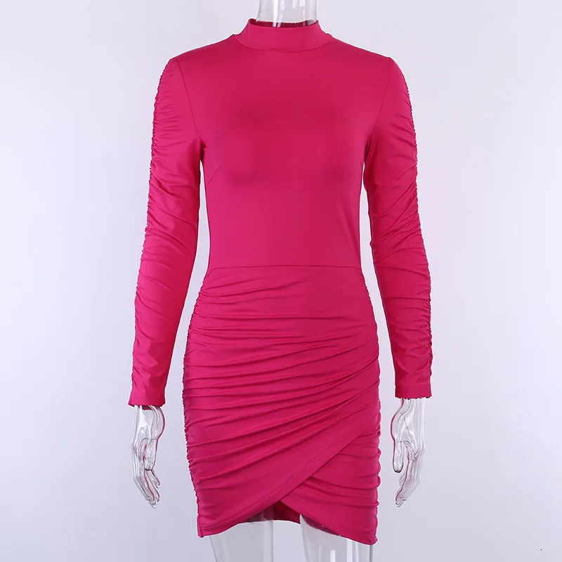 rose red BacklakeGirls Smocking платье для женщин осень зима длинный рукав круглый вырез складка сексуальное облегающее одноцветное коктейльное платье Vestidos - Цвет: rose red