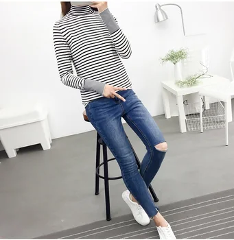 

Explosion models autumn and winter high collar invisible breastfeeding open sweater knit striped top out feeding bottoming shirt