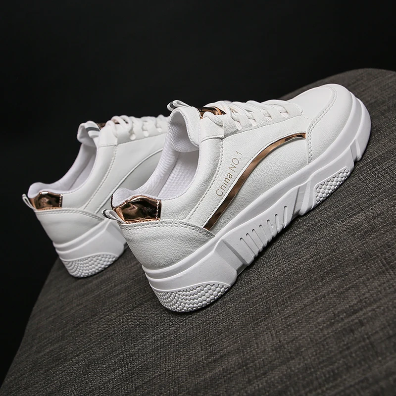 Women Sneakers Fashion Breathble Vulcanized Shoes Women leather Platform Shoes Women Lace up Shoes White U20-85