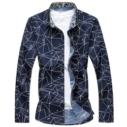 Платье рубашка Mannen темно-синяя кнопка вниз Геометрическая Печать Lange Mouwen повседневные рубашки плюс размер Camisa Sociale Masculina M-6XL