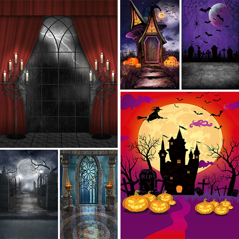 Allenjoy Halloween backdrop photography baby Castle Pumpkin Lantern Forest Moon Tombstone background Photo Studio Photophone | Электроника