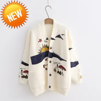 

Sweet Korean Style Short Cardigans Sweater Women Elegant Ruffles O Neck Bead Veste Femme Loose Knit Student Coat 46277