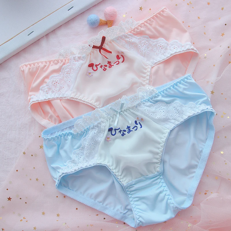 

Soft Sister Cute Sakura Bow Lace Trim Student Briefs Sexy Japanese Girl Panties Cartoon Underwear Women Low waist Blue+Pink