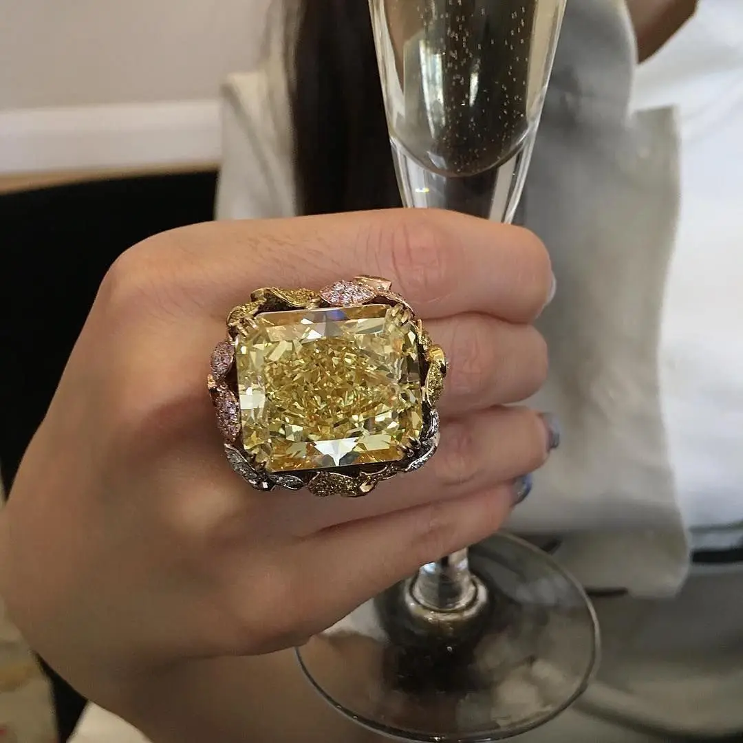 Роскошные Для женщин преувеличенный большой квадратной огранкой, бокал для шампанского циркониевые золотого цвета кольцо для годовщины помолвки кольца для вечеринок ювелирные изделия