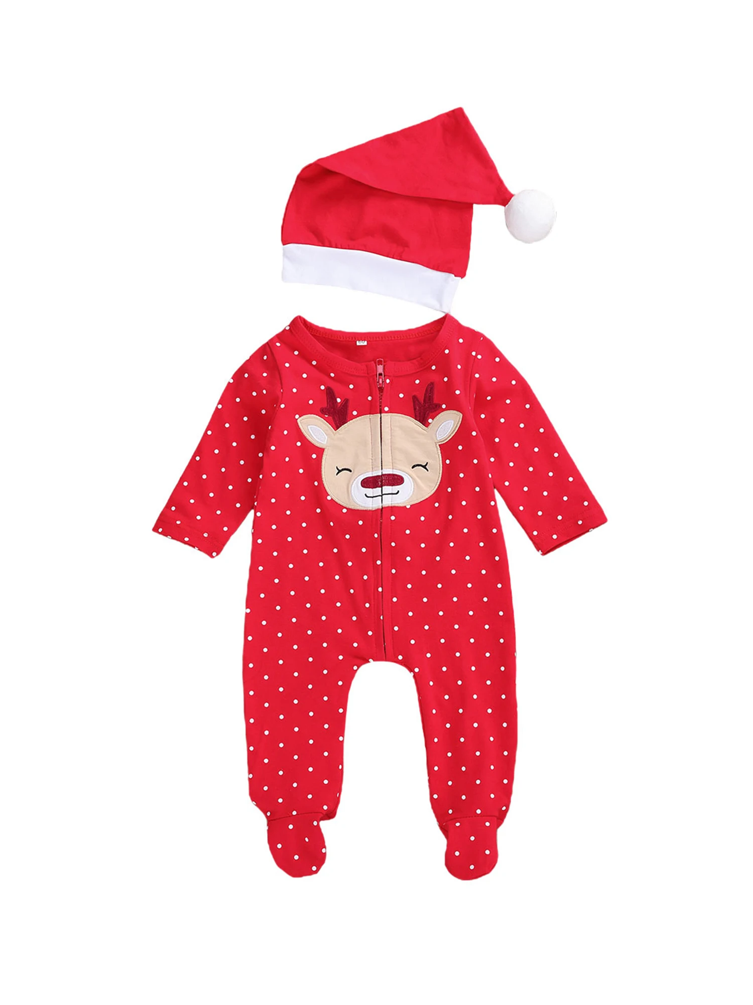

Newborn Babyâ€™s Long Sleeve Elk Printed Polka Dot Jumpsuit Autumn New Fashion Zipper One Piece Long Pants and Hat