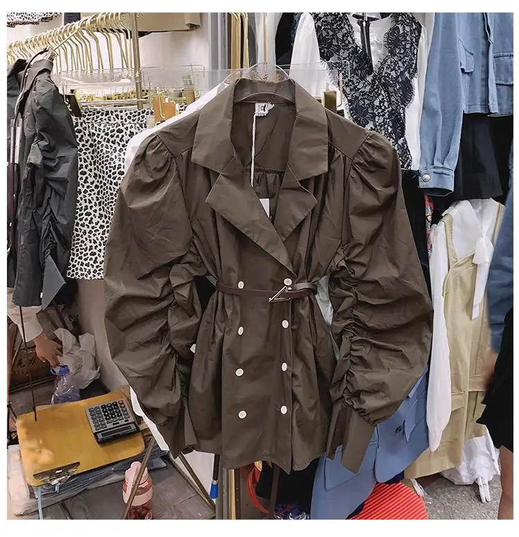 

2020 Autumn New Cotton Solid Puff Sleeve Women Notched Double Breasted Defined Waist Lady Blouse White Grey Brown Free Shipping