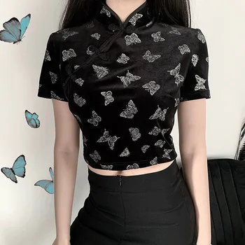 

Chinese Style Qipao Vintage Blouse Short Sleeve Women Shirt Summer 2020 Black Gothic Animal Print Velvet Fashion Short Sexy Top