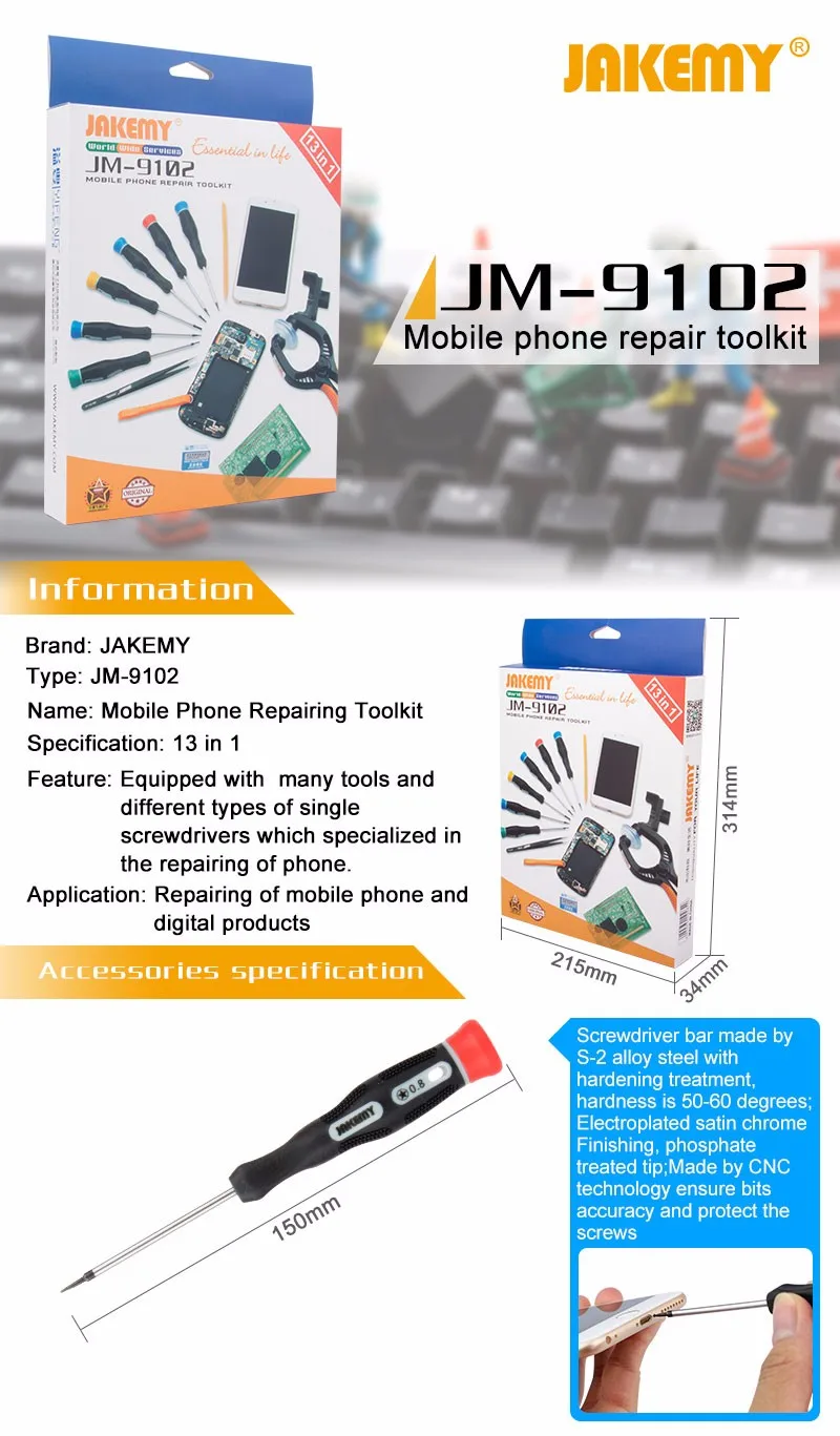 JAKEMY JM-9102 Latest technology anti-static cell phone repair tool kit diy hand tool for iphone for Samsung Electronics