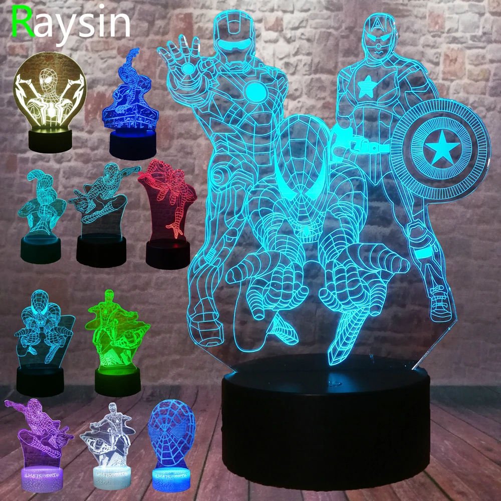 5 berbeda manusia superhero figure spiderman 3d lampu 7 warna led gradien cahaya malam anak anak lampara tidur kreatif festival hadiah
