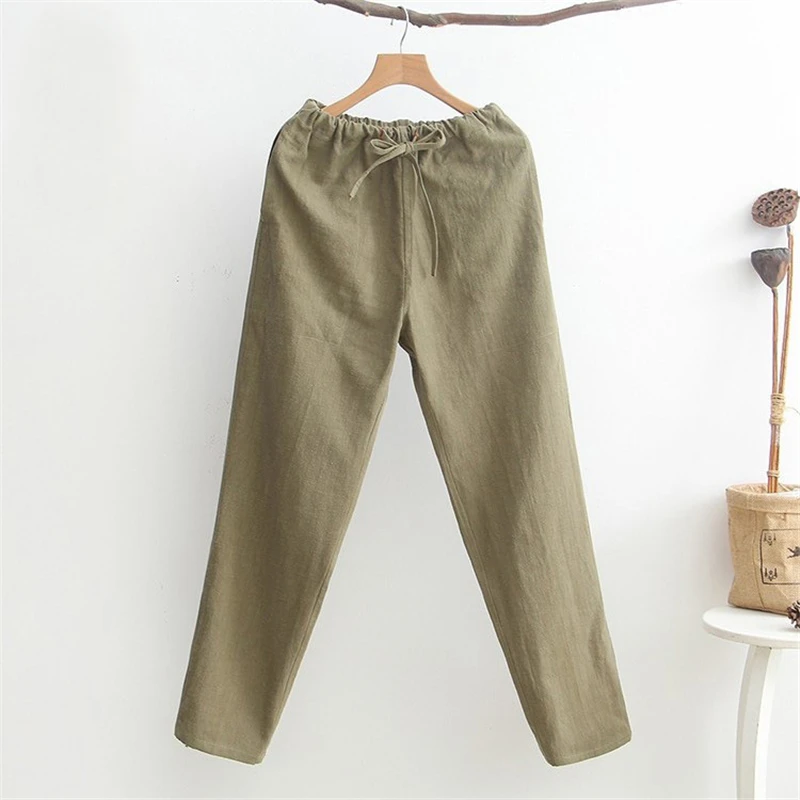 Long Pants Cotton Linen Male Chinese Kung Fu Trousers Men's Casual Straight Military green Tai Chi Clothing Elastic Waist