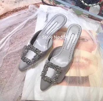 

Sexy Square Crystals Buckle Silk Women Slippers Cover Toe Thin Heel European Fashion Design Runway Slippers Female