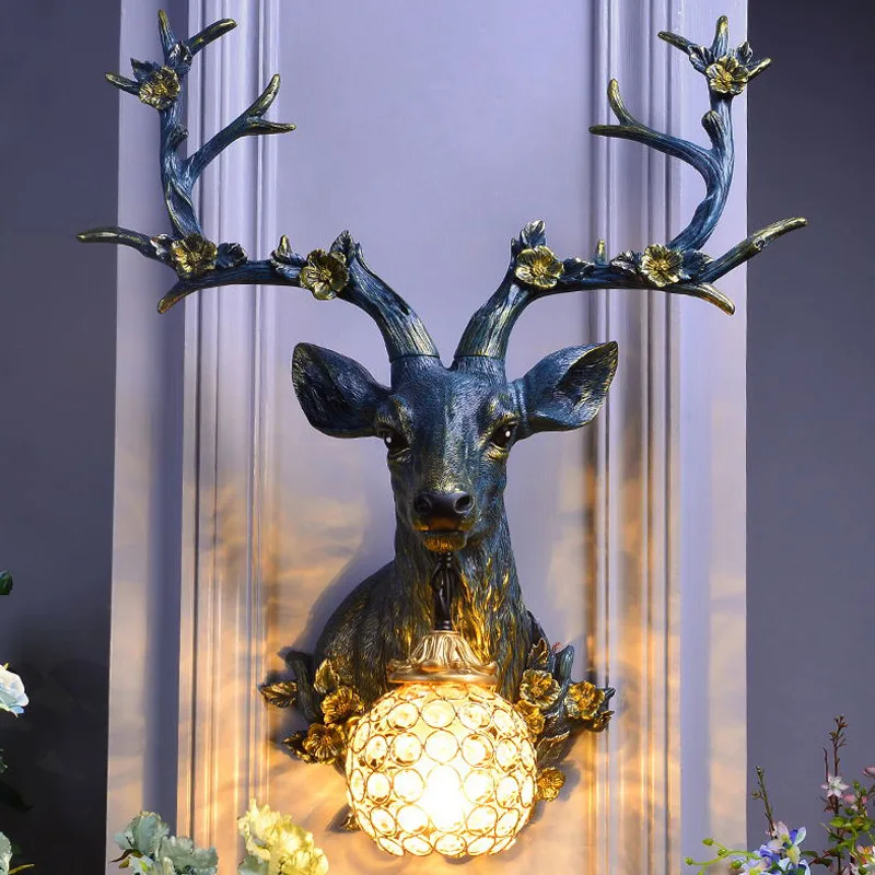 

Nordic Ancient Loft Resin Sika Deer Wall Lamp Modern Attic Aisle Living Room Bedroom Wall Sconce Light Home Decor Vanity Light