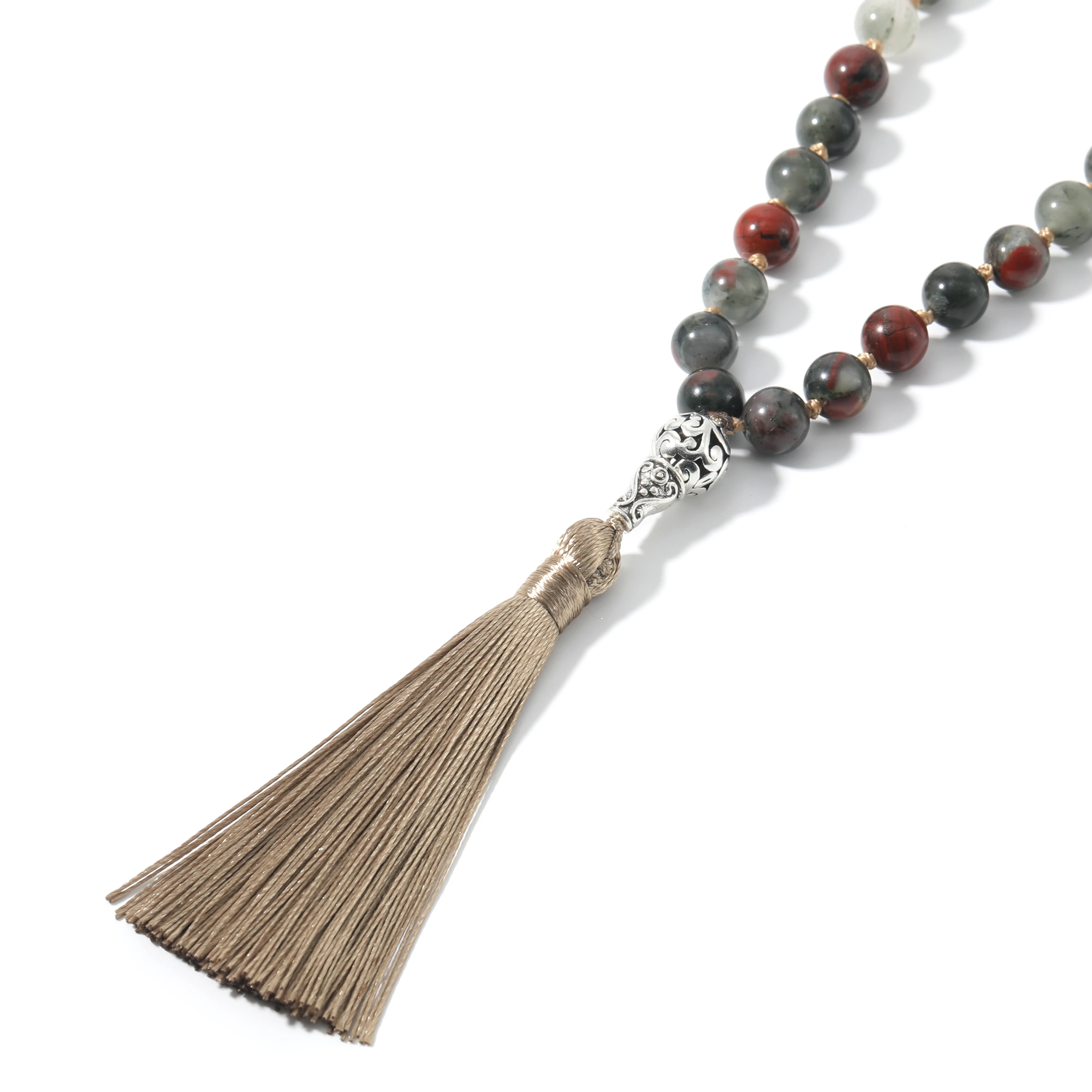 Natural Bloodstone 108 Mala Beaded Knotted Necklace Semi-Precious Meditation Yoga Japamala Jewelry with Tree of Life Pendant