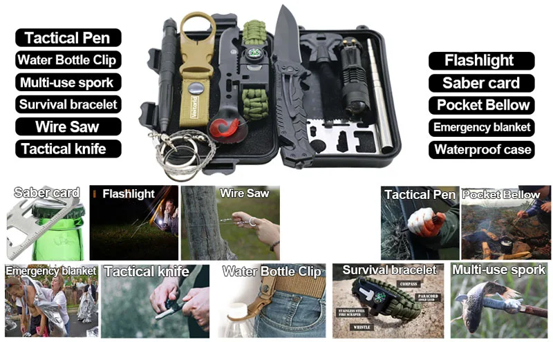 Survival Kit 12 in 1 Fishing Hunting SOS,EDC Survival Gear Emergency Camping Hiking Kit with knife flashlight Emergency blanket