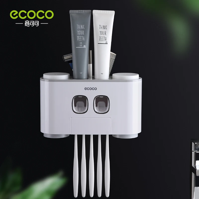 ECOCO Wall Mount Automatic Toothpaste Squeezer Dispenser Toothbrush Holder Bathroom Accessories Storage Rack 4 Cups toothpaste squeezer,toothpaste dispenser,bathroom accessories set