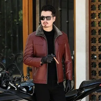 

Men Plus Size Faux Sheepskin Coat Jacket Fur Coat Plaid Sheepskin Collar Cool Leather Jackets Leisure Motorcycles Men Jacket