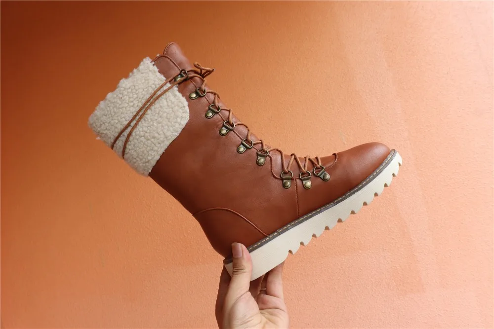 New Warm Winter Boots Women Fashion Lace-Up PU Leather Women Boots Non-slip Comfort Plush Warm Waterproof Snow Boots g678