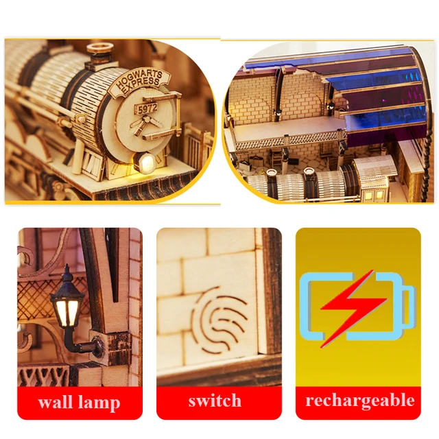DIY Magic Movie Platform Nine and Three-Quarters Diagon Alley Book Nook Shelf Kit Miniature Train Station with Light Toys Gifts 4