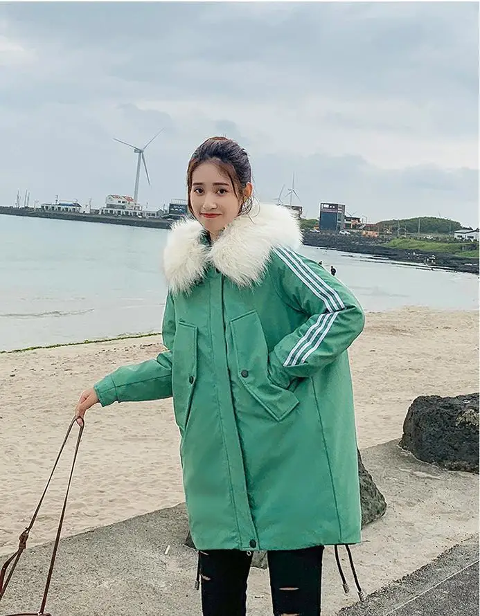 And Fall Winter New Down Dress Female Mid-long Bf Sports Stripe Baseball Loose Cotton Clothes Female - Цвет: Green