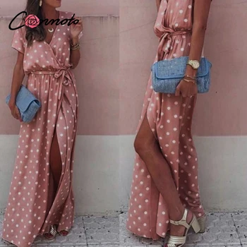 

Conmoto Sexy V Neck Polka Dot Long Dress Women 2020 Summer Casual High Waist Split Dress Holiday Beach Dress Plus Size Vestidos