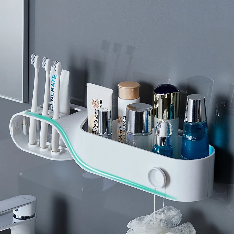 Wall Mounted Bathroom Storage Rack Adhesive Shampoo Toothbrush Holder Shower Caddy Plastic Bath Accessories Shelves Organizer