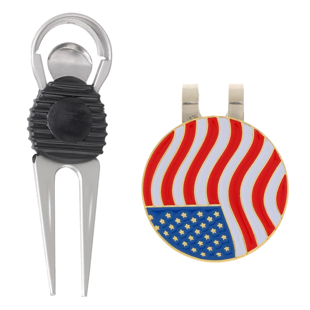 

Portable Alloy Golf Repair Divot Tool + USA Flag Golf Ball Marker with Magnetic Hat Clip