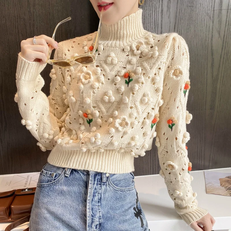 

2020 Early Autumn Fashion Handmade Three-dimensional Flower Design Turtleneck Sweater Women's Sweet Ball Sweaters Jumper Pull