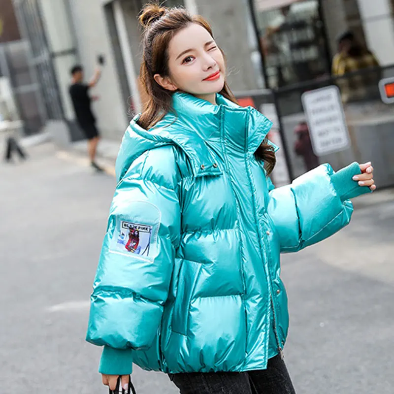 New Winter Coat Women Fashion Hooded Warm Slim Short Down Jacket Female Plus Size Letter Printed Women's Winter Jacket 473 - Color: Peacock blue