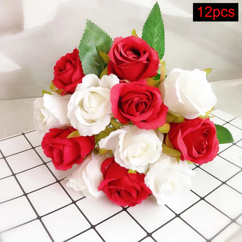 12pcs-white red Искусственный Букет роз для дома Свадебные Декоративные Шелковые цветы букеты невесты Рождественские цветы поддельные цветы осенние украшения - Цвет: 12pcs-white red