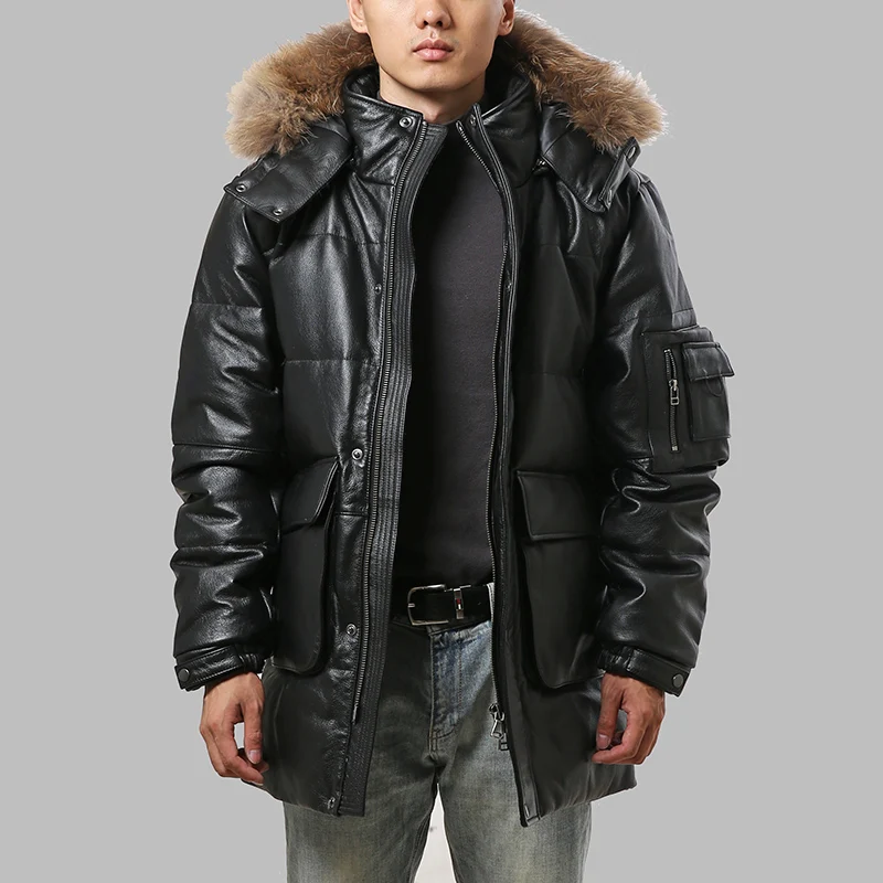2135 Read Description! big size quality super warm genuine cow skin duck down leather jacket mens cowhide leather duck down coat