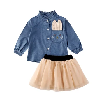 

2020 Fashion Baby Girl Spring Clothes Outfit Sweet Kids Long Sleeve Denim Rabbit Shirt Tops Tulle Mini Skirt Clothes Set