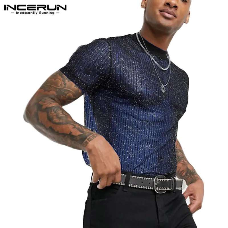 INCERUN 2021 Fashion Men Mesh T Shirt See Through Short Sleeve Slim Shiny Party Nightclub Sexy T-shirts Thin Breathable Camiseta 2