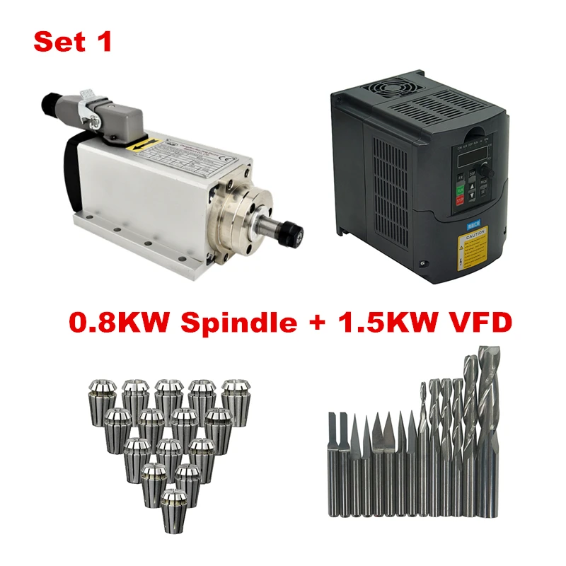 

2.2KW 1.5KW VFD Inverter 800w Square Air Cooling Spindle ER11 Collet chuck CNC tool bits for DIY CNC frame machine