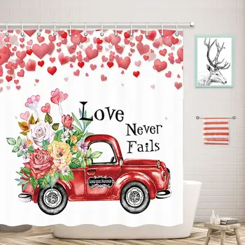

Love Never Fails with Retro Red Truck Shower Curtains, Rustic Truck with Rose Flower Romantic Red Hearts Shape for Valentine's