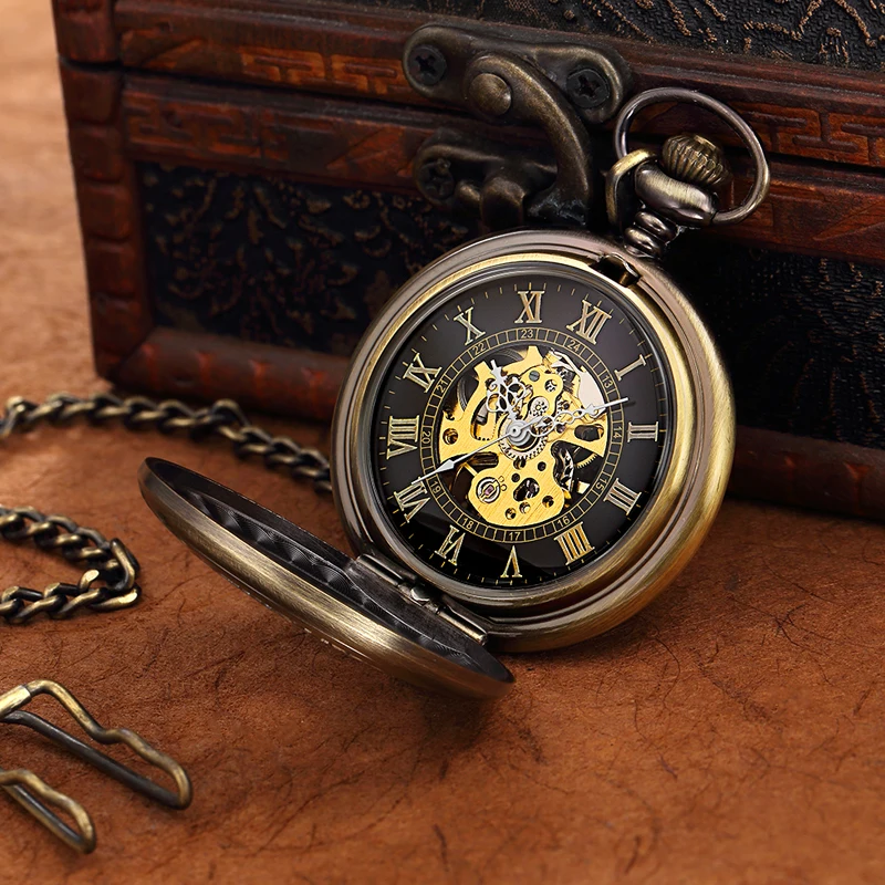 Retro Hand Wind Mechanical Pocket Watch FOB Chain Locket Dial Hollow Steampunk Skeleton Men Women Mens Clock Watches Box