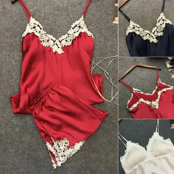 

Womens Sexy Silk Satin Pajama Set Lace Sleeveless Pajama Set V-neck Sleepwear Summer Home Wear Sleep Wear For Women