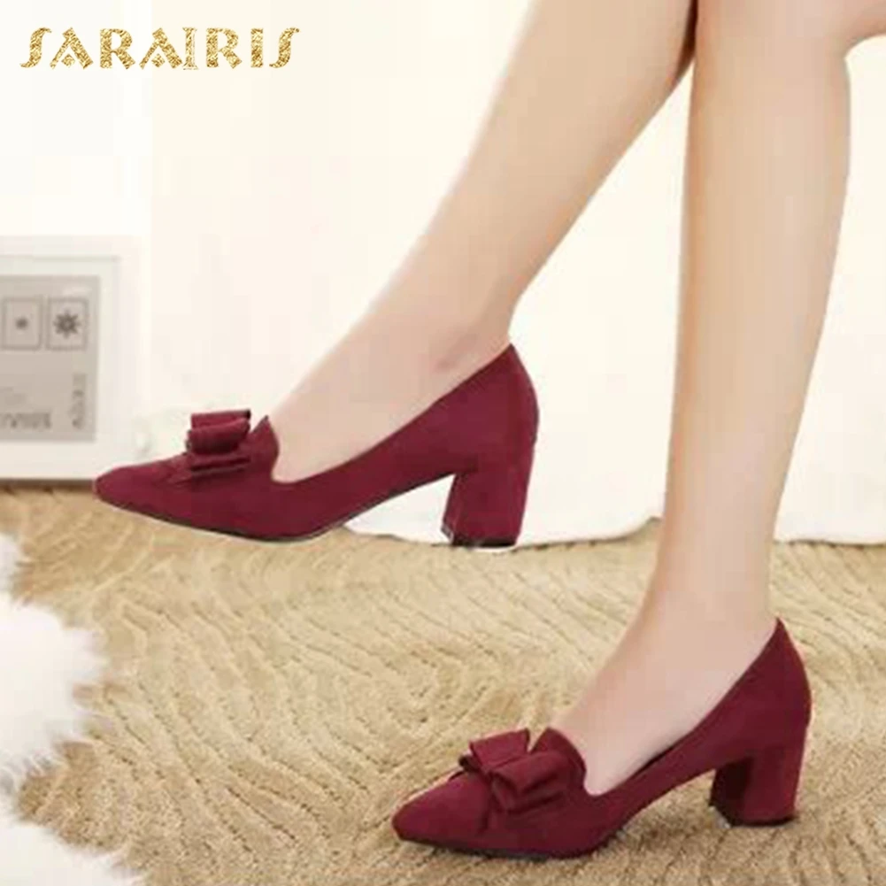 

Sarairis 2020 New Arrivals Flock Slip-On Sweet Bowtie Concise Pumps Woman Shoes Chunky High Heels Wholesale Shoes Women Pumps