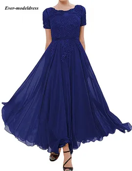 

Modest 2020 Chiffon Prom Dresses Scoop Lace Appliques Short Sleeves Ankle Length Evening Party Gowns Cheap Customized Robes