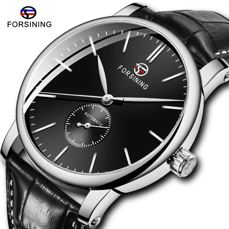 

Fashion FORSINING Automatic Mechanical Watch Men Sub Dial Black Slim Simple Black Genuine Leather Strap Wristwatch Montre Homme