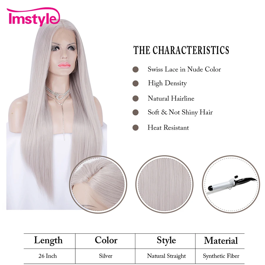 Imstyle, серебристо-серые парики для женщин, длинные натуральные прямые волосы, синтетический парик на кружеве, платиновый блонд, парик из термостойкого волокна
