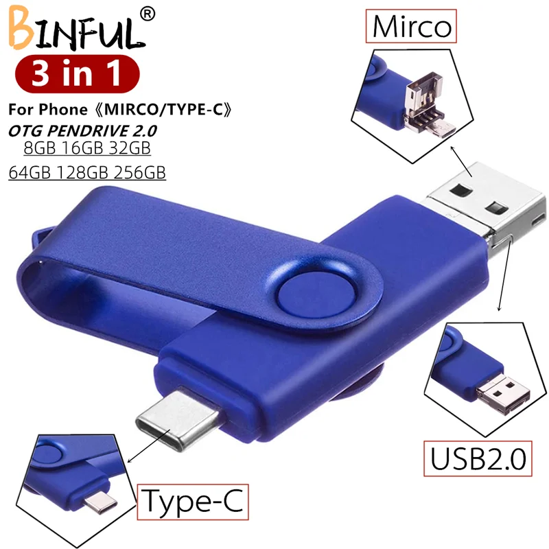 BiNFUL For Android OTG 3 in 1 USB Flash Drives Type-C & Micro 512GB 256GB 128GB 64GB 32GB 16GB Pendrives Pen Drive Cle For Phone