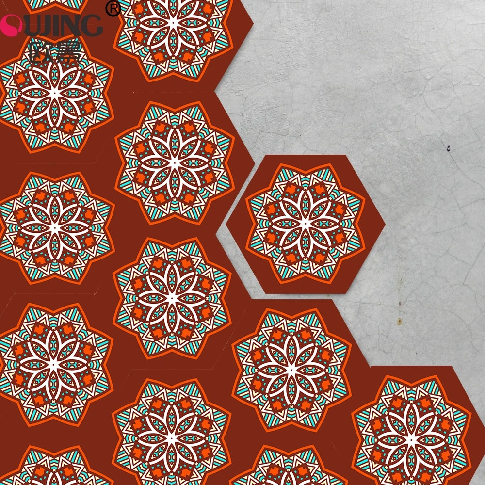

Colorful Mandala Style Pattern Twill Hexagon Tiles Wall Sticker Kitchen Bathroom Non-slip Mat Vinyl Tile Floor PVC Art Wallpaper