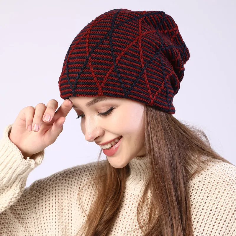 

Hot Men and Women Winter Skullies Caps Mixed Color Grid Plus Velvet Knitted Wool Hat Autumn Winter Earmuffs Womens Beanie Hat