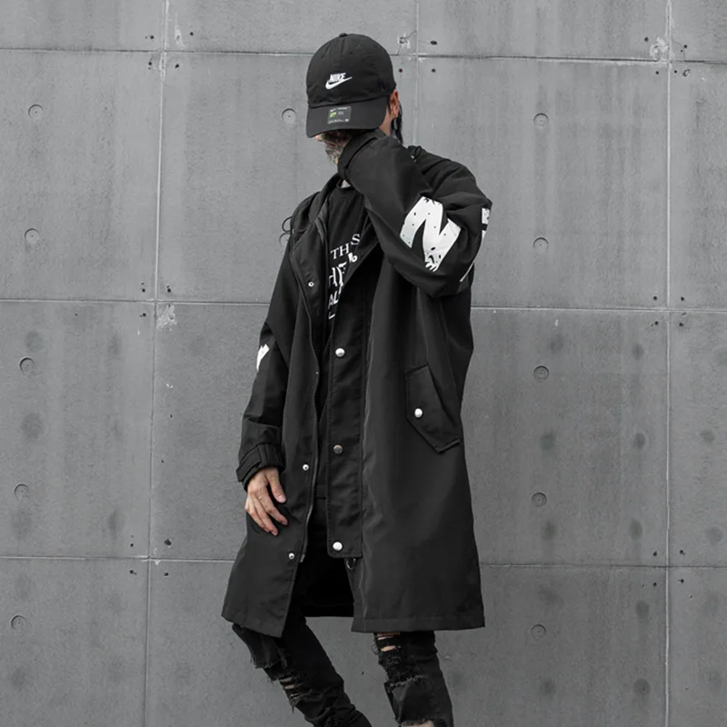 

Male Streetwear Hip Hop Gothic Long Windberaker Overcoat Jacket Men Autumn Winter Loose Casual Print Hooded Trench Coat