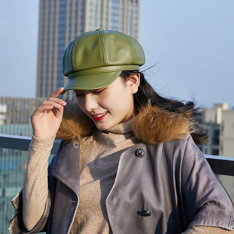 Women Genuine Leather Vintage Hat Women Sheepskin Newsboy Cap Baker Boy Cap High Quality Brand Ladies Winter Octagonal